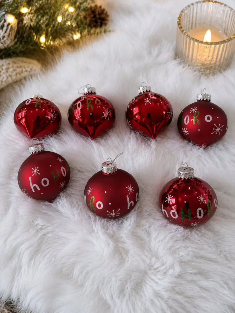 Red Glass Ho Ho Ho Christmas Ornaments Snowflakes